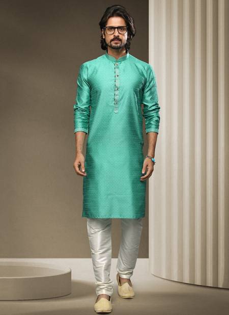 Sea Blue Colour New Ethnic Wear Mens Jacquard silk Kurta Pajama Collection 1548